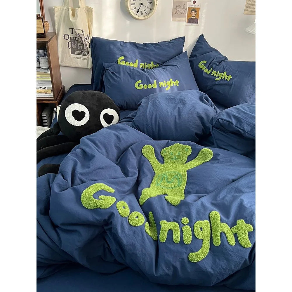 Rynx | Ins Cartoon Bedding Set Teddy Bear Washed Cotton Towel Embroidered Solid Color Bed Sheets Dorm Student Duvet Cover Set