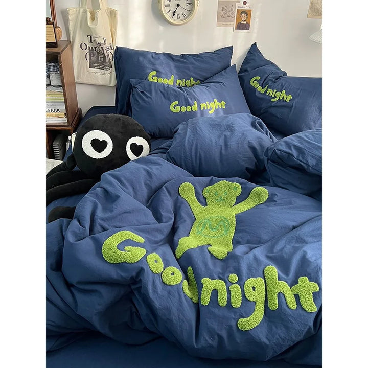 Rynx | Ins Cartoon Bedding Set Teddy Bear Washed Cotton Towel Embroidered Solid Color Bed Sheets Dorm Student Duvet Cover Set