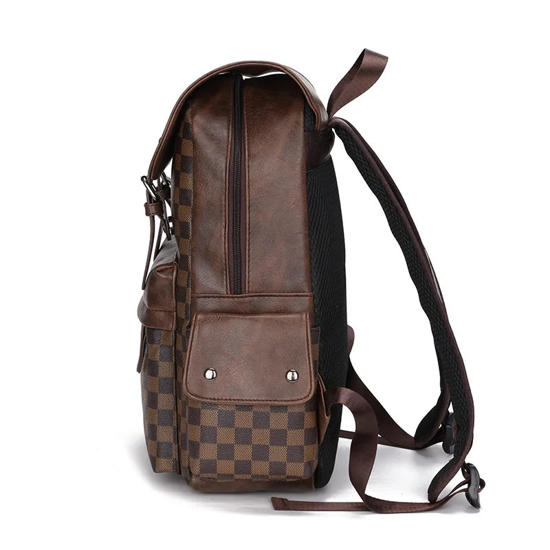 Lisslune | Trendy Checkered Business Versatile Men's Backpack Travel Large Capacity Luxury Brand Design Backpack Men PU Leather School Backpack