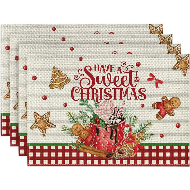 Rynx 4Pc Christmas Tree Moose Placemat Linen Dining Table Mats Coaster Bowl Coffee Mug Pad Mat 2024 Christmas Home Kitchen Decoration