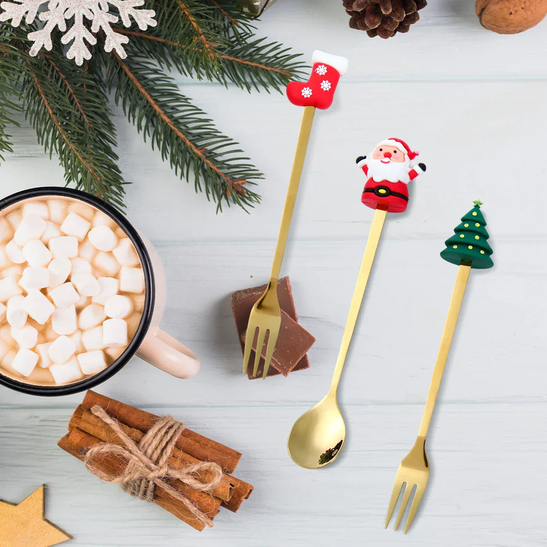 Lisslune | GoldParty Christmas Cutlery Set – Luxury Gold Spoon and Fork with Santa Claus Design
