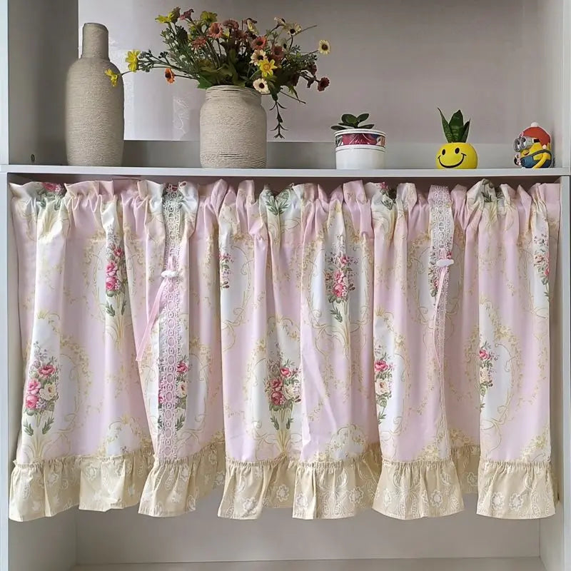 Rynx | Wave Pink Embroidered Flowers Window Panel Living Room Elegant Lace Curtain Panel Lace Band Short Curtains Kitchen