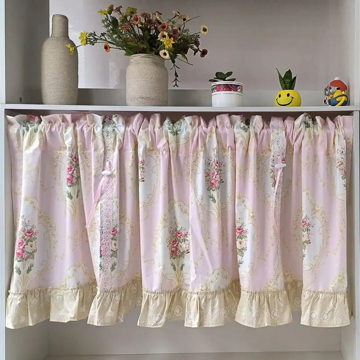 Rynx | Wave Pink Embroidered Flowers Window Panel Living Room Elegant Lace Curtain Panel Lace Band Short Curtains Kitchen