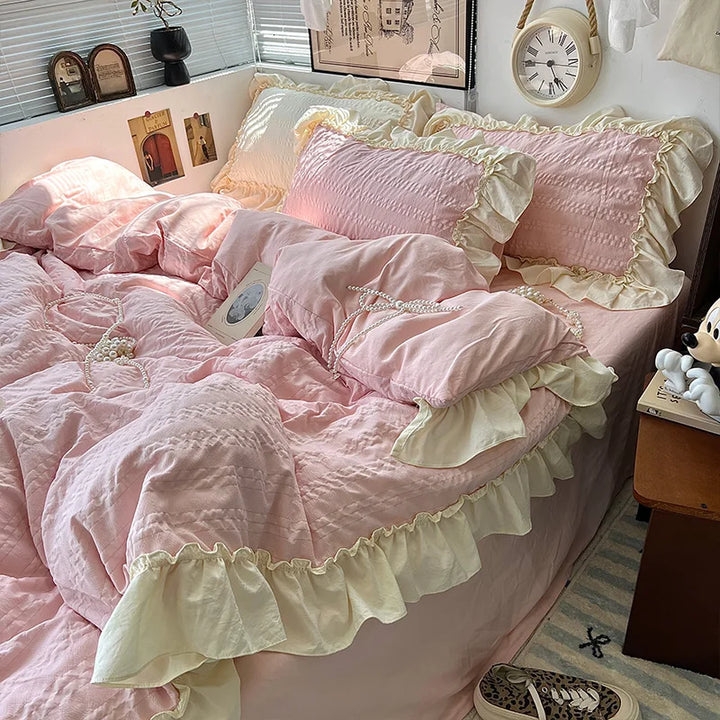 Rynx | Pink Korean Princess Style Lace Ruffles Bedding Set Skin-Friendly Seersucker Duvet Cover Set Fitted Sheet/Bed Sheet Pillowcases