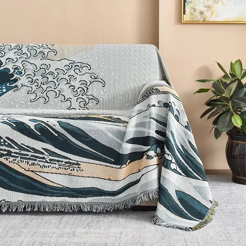 Rynx | Textile City Japanese Simple Style Wave Home Fabric Sofa Blanket Dust Protection Jumbo Size Double Sofa Cushion Camping Picnic Fabric