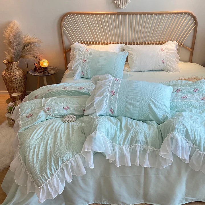 Rynx | Pink Korean Princess Style Lace Ruffle Wedding Bedding Set Seersucker Washed Cotton Soft Duvet Cover Set Bed Sheets Pillowcases