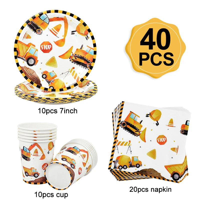 Rynx Construction Party Disposable Tableware Kids Boys Engineering Vehicle Theme Birthday Party Decorations Truck Balloon Supplies