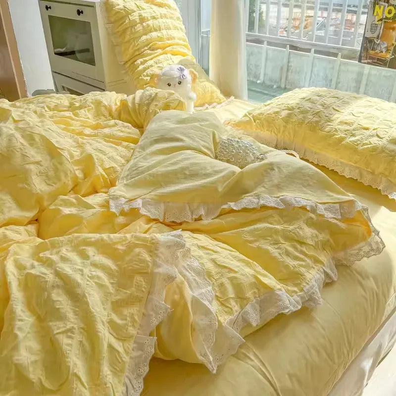 Rynx | Korean Seersucker Ruffle Bedding Set for Women Princess Style Bedroom Bedding Set Queen Washed Cotton Solid Color Bedding