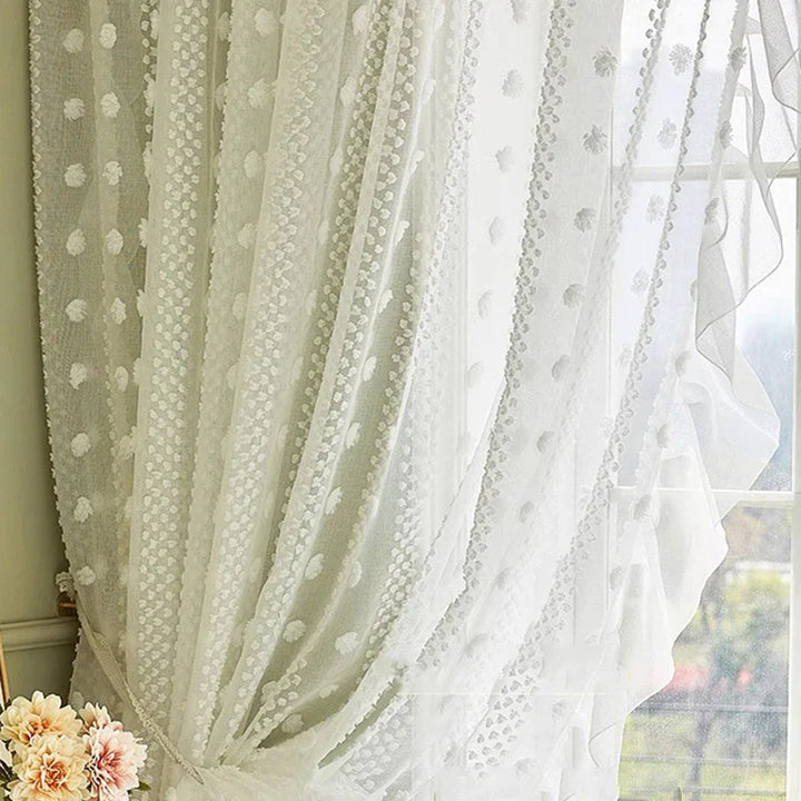 Rynx | 3D White Pompon Embroidery Tulle Modern Striped Sheer Curtains for the Living Room Ruffle Design Sheer Voile Window Draperies