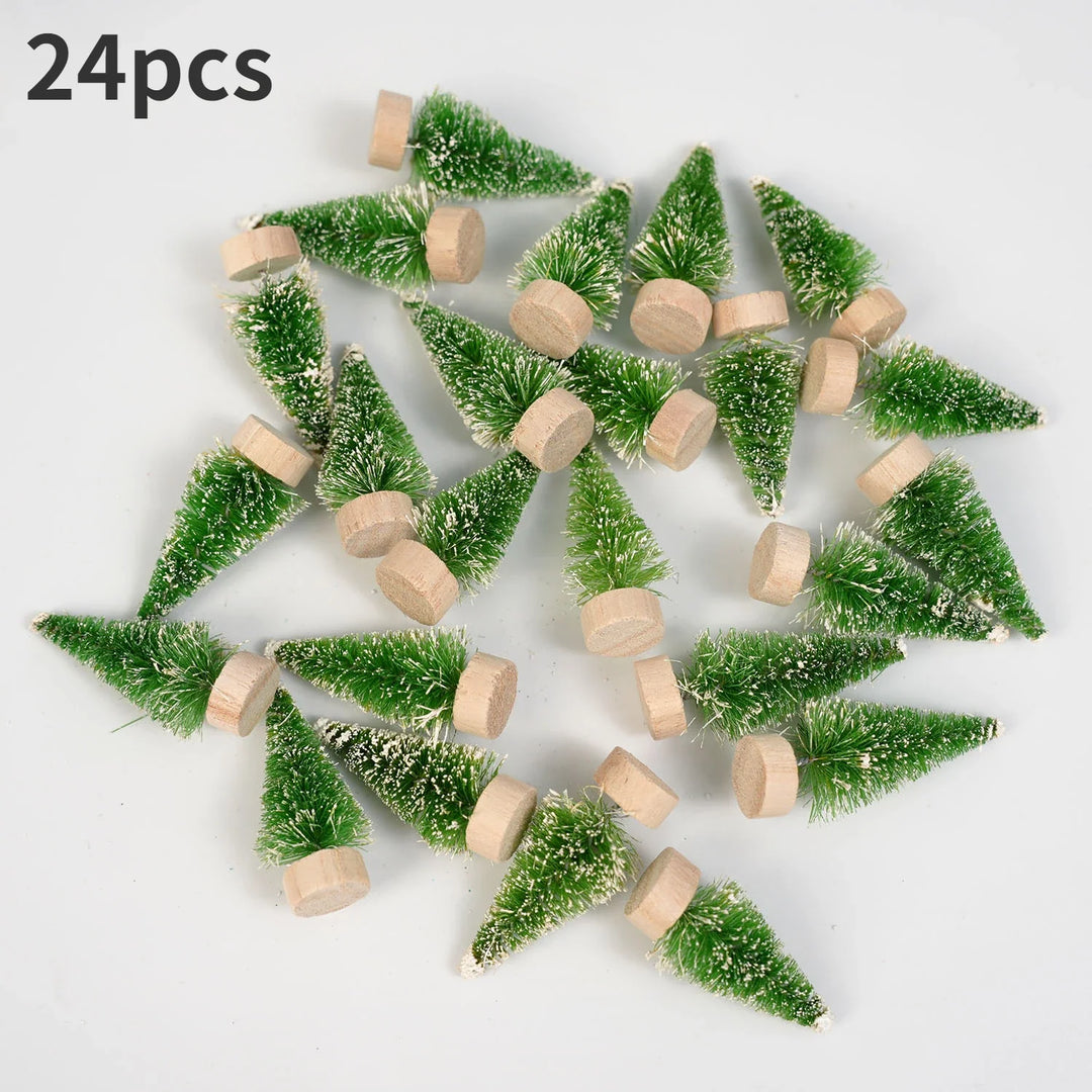 Rynx | 24 pieces, Mini Christmas sisal snow frost tree with wooden bottle brush - Perfect desktop tree for Christmas party and home decor