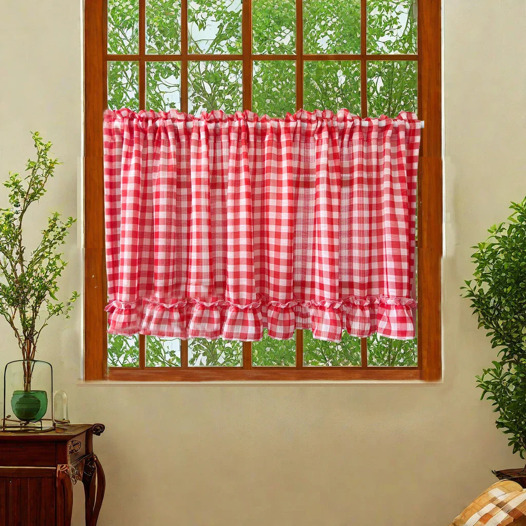 Rynx | Classic red checked ruffle curtain short sheer for kitchen retro soft tulle curtains for bedroom small window coffee half curtain