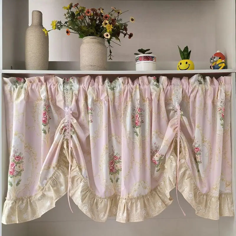 Rynx | Wave Pink Embroidered Flowers Window Panel Living Room Elegant Lace Curtain Panel Lace Band Short Curtains Kitchen