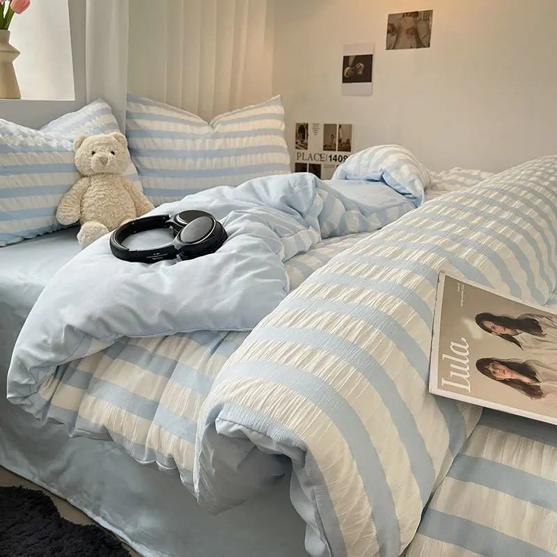 Rynx | INS Blue White Stripes Seersucker Duvet Cover Bed Sheet Pillowcases NO Filling Princess Bedding Set Girls Home Textiles Full Size