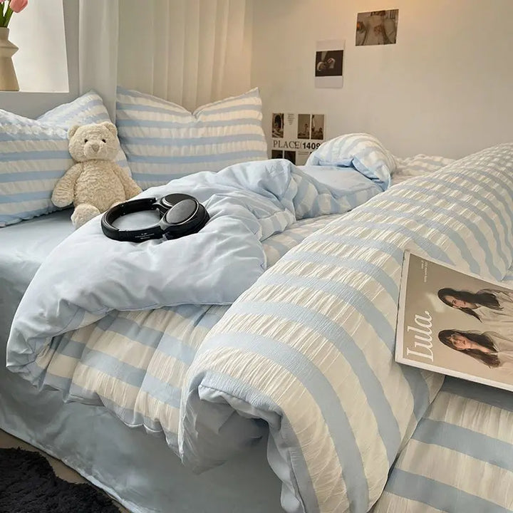Rynx | INS Blue White Stripes Seersucker Duvet Cover Bed Sheet Pillowcases NO Filling Princess Bedding Set Girls Home Textiles Full Size