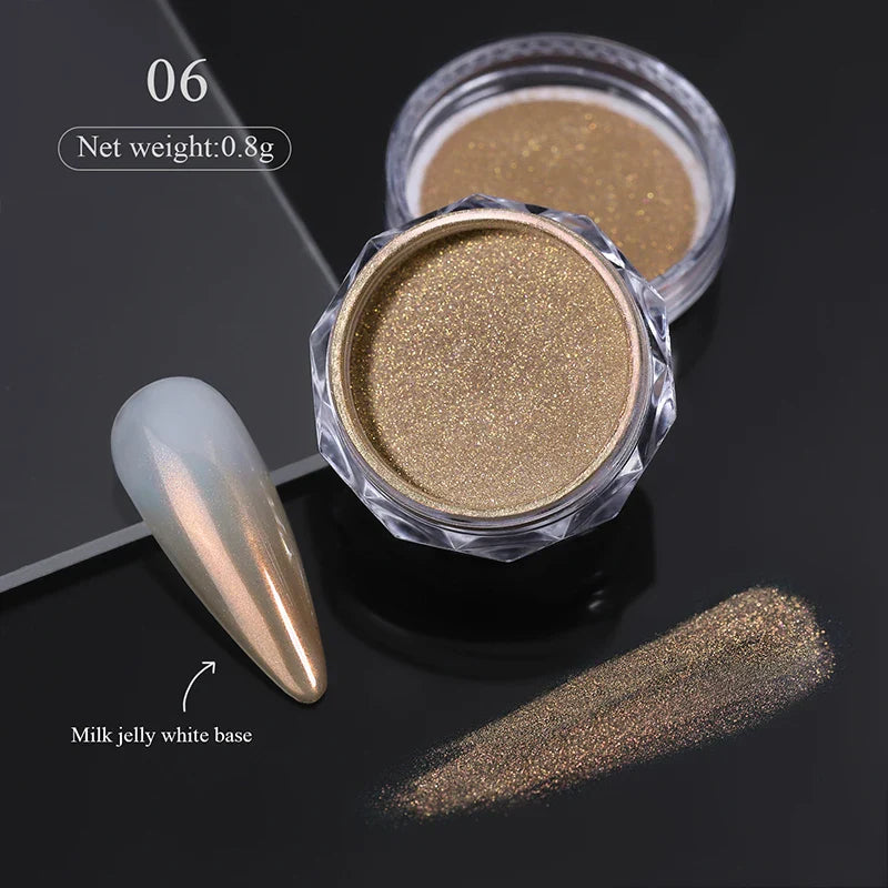 Rynx | Aurora Pearl White Nails Glitter Dust Chrome Gradient Rubbing on Powder Mirror Reflective Magnetic Pigment Nail Art Decorations