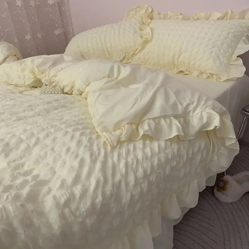 Rynx | Euro Solid Ruffled Carpet Bedding Sets Girls Pair Fluffy Queen Duvet Cover With Canopy Pillowcase Bedroom Comfort 4 Pieces Set