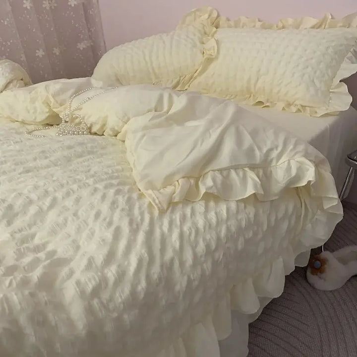 Rynx | Euro Solid Ruffled Carpet Bedding Sets Girls Pair Fluffy Queen Duvet Cover With Canopy Pillowcase Bedroom Comfort 4 Pieces Set