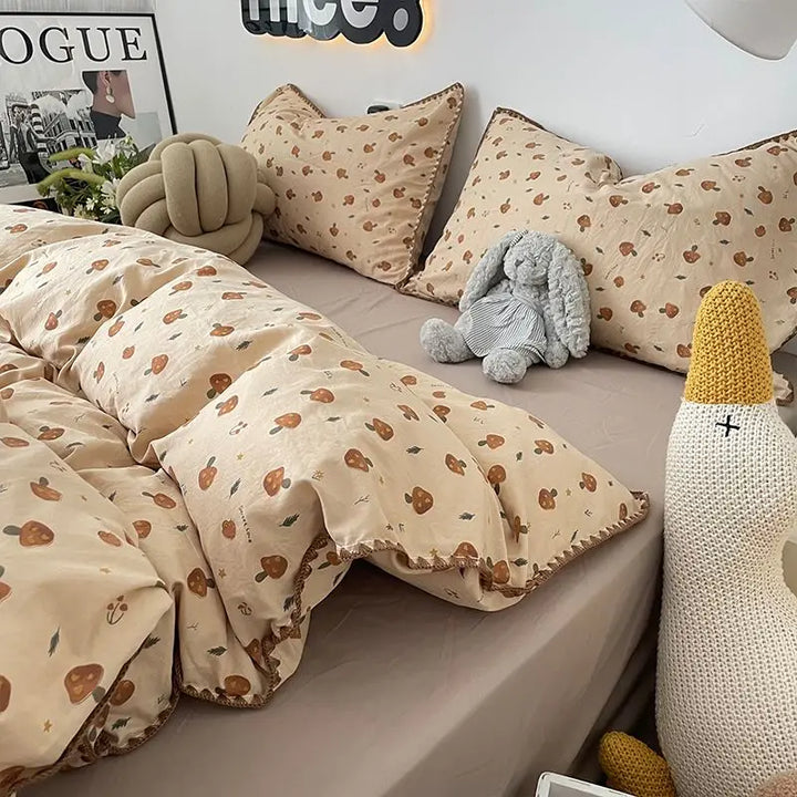 Rynx | Bedding Set Double-Layered Yarn INS Girl Mushroom Soft Washed Cotton Duvet Cover Queen King Size Bedding Pillowcase Bed Sheet