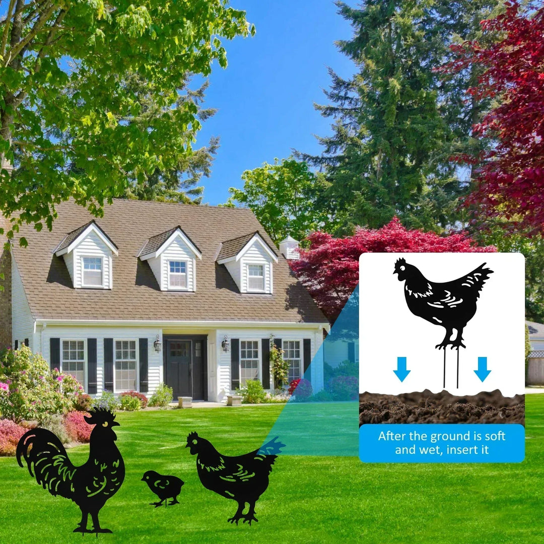Rynx | 3/9Pcs Chicken Garden Stakes Metal Chicken Decoration Creative Rooster Silhouette Lawn Stake Decorative for Outdoor Terrace Lawn