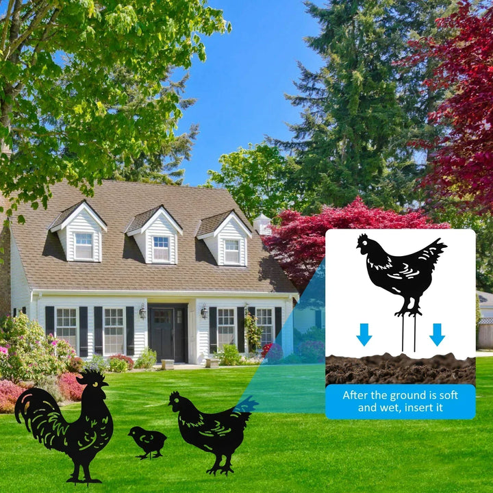 Rynx | 3/9Pcs Chicken Garden Stakes Metal Chicken Decoration Creative Rooster Silhouette Lawn Stake Decorative for Outdoor Terrace Lawn