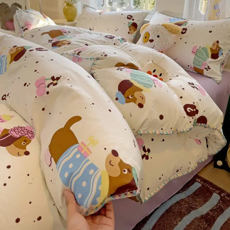 Rynx | In the Bedding Set Purple Love Stripes Double Layer Yarn Four-Piece Dorm Girl Heart Bed Sheet and Quilt Set Washed Cotton