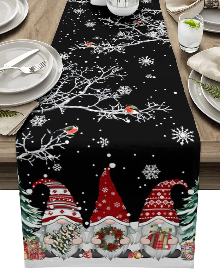 Lisslune | SnowGnome Christmas Table Runner – Luxe Linen Table Runner with Snowflake and Gnome Design
