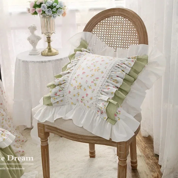 Rynx Elegant Ruffle Lace Decorative Pillowcase European Embroidery Bed Pillowcase Princess Pink Print Pillowcase Sofa Cushion
