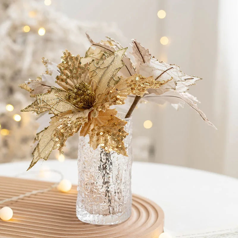 Rynx | 1PC Christmas Gold Silver Artificial Flower Christmas Tree Sequin Artificial Flowers DIY Decorations for Festival Party New Year Decoration