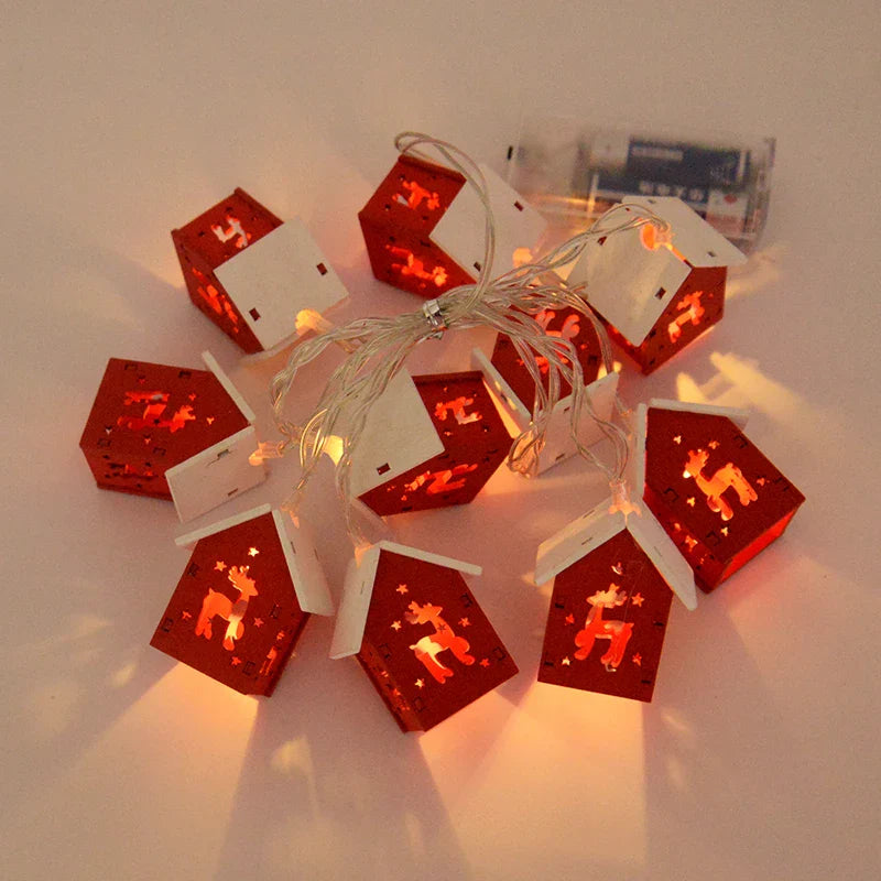 Rynx Christmas Wooden House LED String Lights Xmas Tree Hanging Decoration Christmas Decoration For Home Kids New Year Gift Navidad