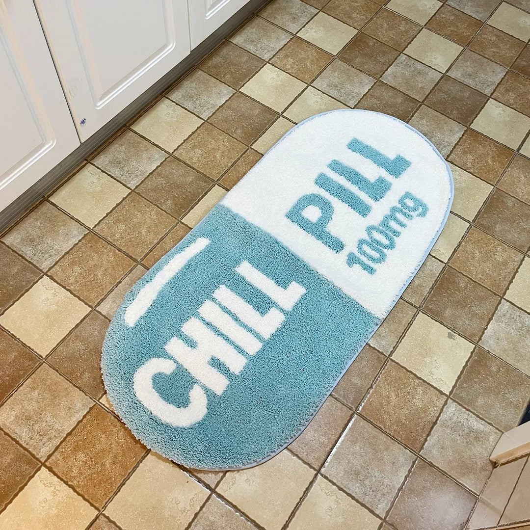 Rynx | Pink and Blue Chill Pill Flocking Rug Oval Tufted Rug Bath Mat Door Mat Home Decor Rug Camping Mat Waterproof Non-Slip