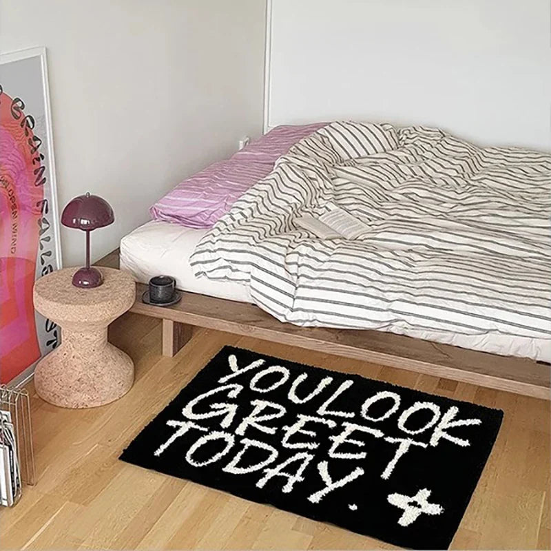 Rynx | Carpet Letters Bathroom Mat Black White Bedroom Foot Mat Bath Mat Carpet Plush Carpet Floor Cushion Aesthetic Home Decoration 50x80cm
