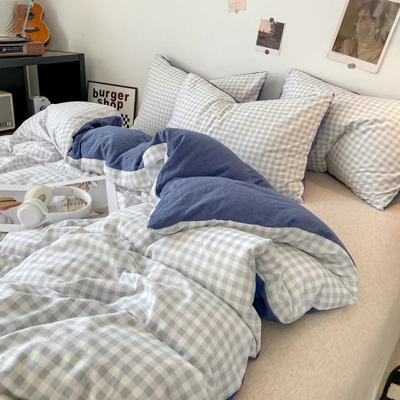 Rynx Japanese Style Check Queen Duvet Cover Set 1/3 Pieces Soft Washed Duvet and Pillowcase or just Duvet Covers Skin-Friendly