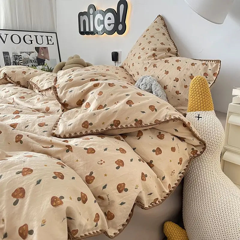 Rynx | Bedding Set Double-Layered Yarn INS Girl Mushroom Soft Washed Cotton Duvet Cover Queen King Size Bedding Pillowcase Bed Sheet