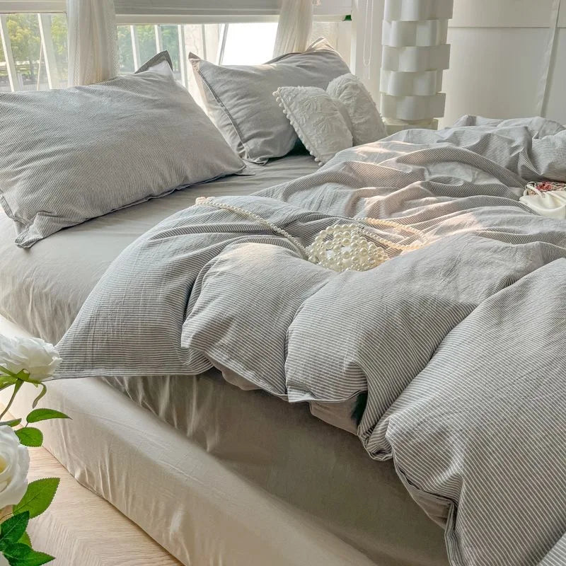 Rynx | Striped Duvet Cover Set Quilt Set Ins Nordic Gray Bed Set of Four Parts, Home Luxury Bedding Set Bed Sheets