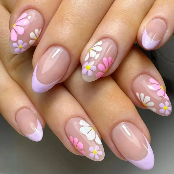 Rynx | 24 Piece Square Press-on Nails Set with Pink Flower Patterns Full Coverage Acrylic Nail Tips Glue for Stylish Women/Girls