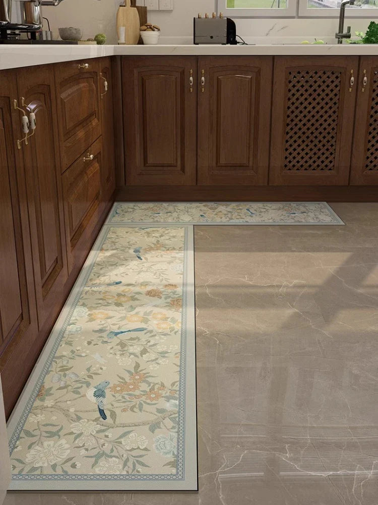 Rynx | Flower Bird Pattern Kitchen Rugs Waterproof Oil Resistant PVC Doormat Retro Stain Resistant Carpet Non-Slip Easy to Clean Rugs
