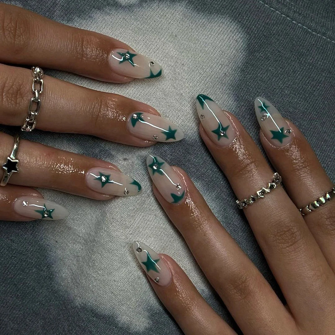 Rynx | Shiny Rhinestone White Stars French Nail Art Fashion Simple False Nails Removable Ready Artificial Nails Glue Nails with Glue