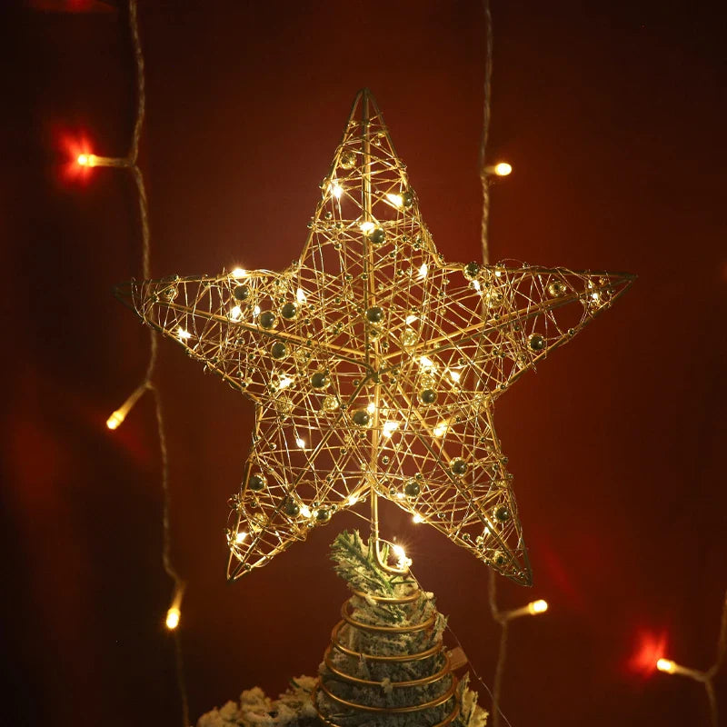 Rynx LED Light Christmas Tree Star with Beaded Wire Gold Iron Christmas Tree Ornament 2025 New Year Living Room Table Decoration Accessories