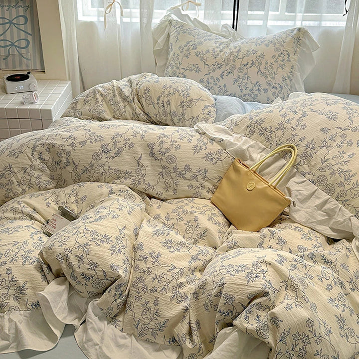 Rynx | Korean Style Flower Bedding Set 2024 New Washed Cotton 4-piece Bed Sheet Set Duvet Cover Set for Girls Bedding Decor Home