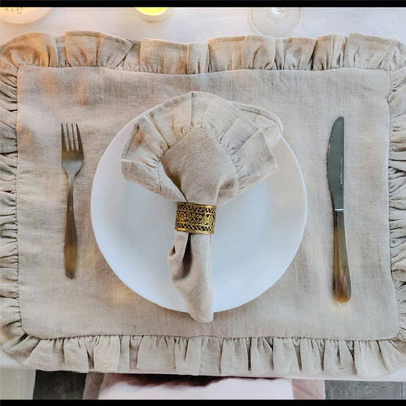 Rynx 4PCS 100% Linen Ruffle Place Mats, Elegant Napkin Fabrics, Event Design Wedding Dinner Table Dinner Party Decor