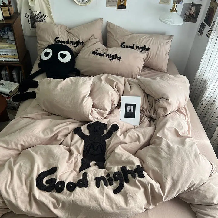 Rynx | Ins Cartoon Bedding Set Teddy Bear Washed Cotton Towel Embroidered Solid Color Bed Sheets Dorm Student Duvet Cover Set