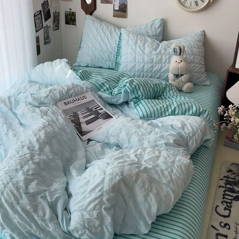 Rynx | Seersucker Princess Girl Bed Linen Set Duvet Cover Korean Four-Piece Washed Cotton Bed Sheet Blanket Set