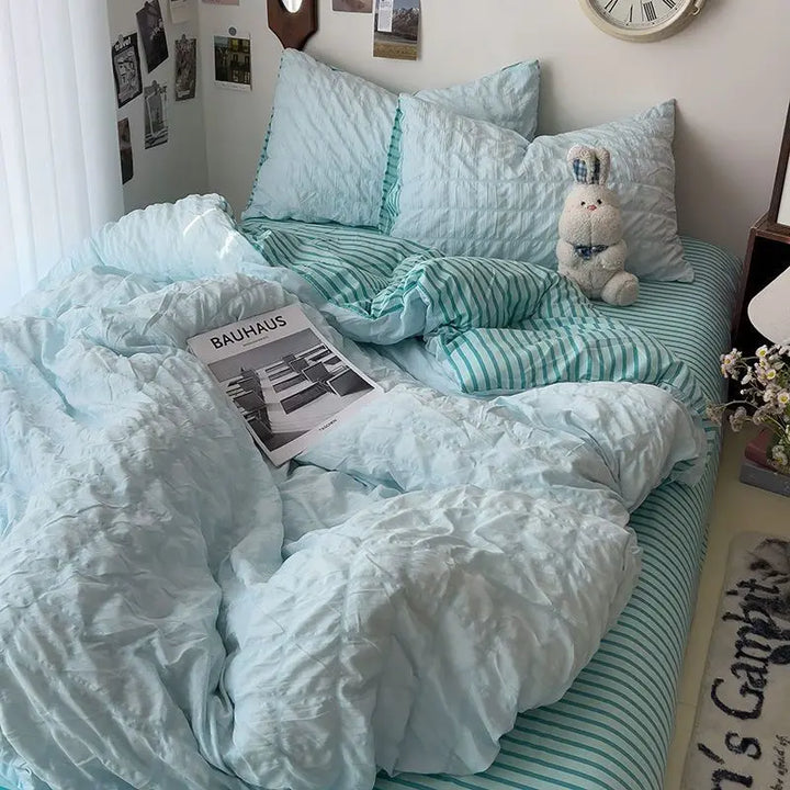 Rynx | Seersucker Princess Girl Bed Linen Set Duvet Cover Korean Four-Piece Washed Cotton Bed Sheet Blanket Set