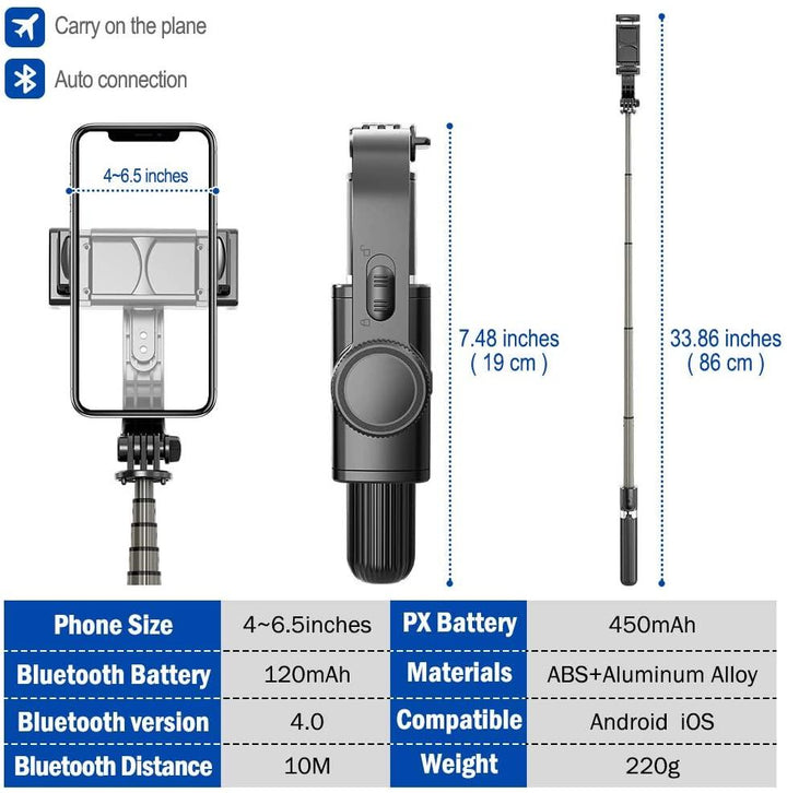 Lisslune | Versatile Bluetooth Gimbal Tripod Stabilizer with Wireless Remote for iPhone, Huawei, and Xiaomi