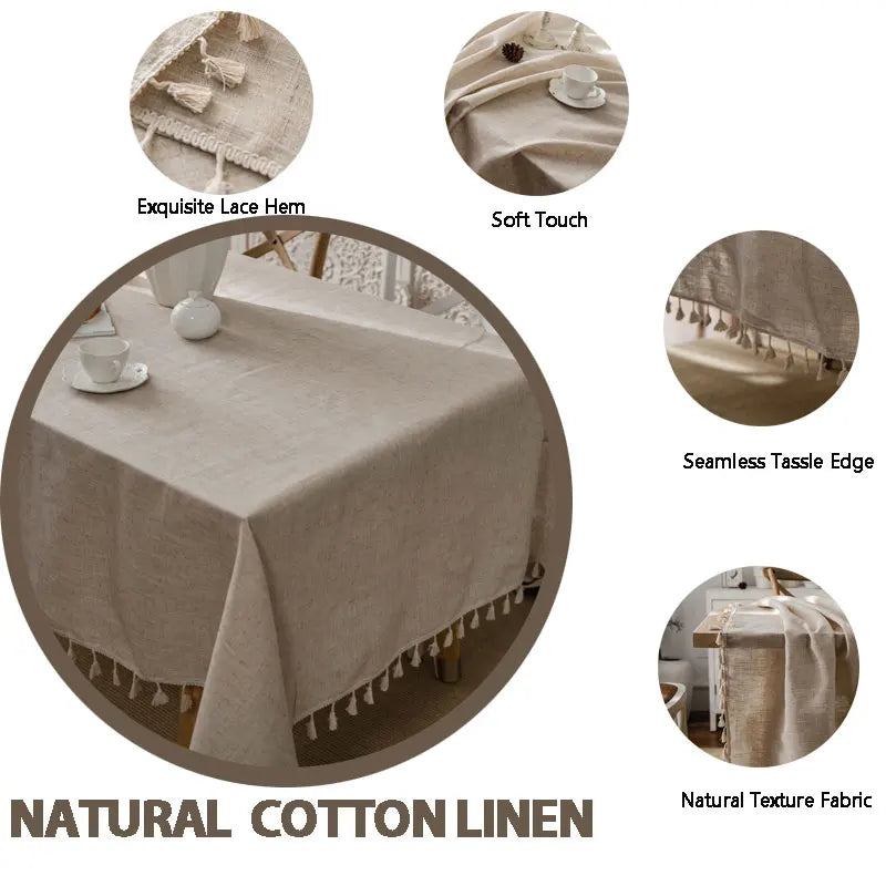 Lisslune | 2023 Cotton-Linen Tablecloth with Tassels, Rectangular Tablecloth for Dining Table, Coffee-Tea Tablecloths, Wedding Easter Decoration