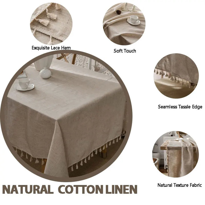 Lisslune | 2023 Cotton-Linen Tablecloth with Tassels, Rectangular Tablecloth for Dining Table, Coffee-Tea Tablecloths, Wedding Easter Decoration