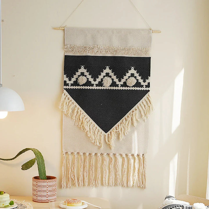 Rynx | Boho Wall Tapestry with Hand-Made Tassels Cotton Linen Tufting Wall Hanging Fabric Cover Blanket Ramadan Decor Home Decor