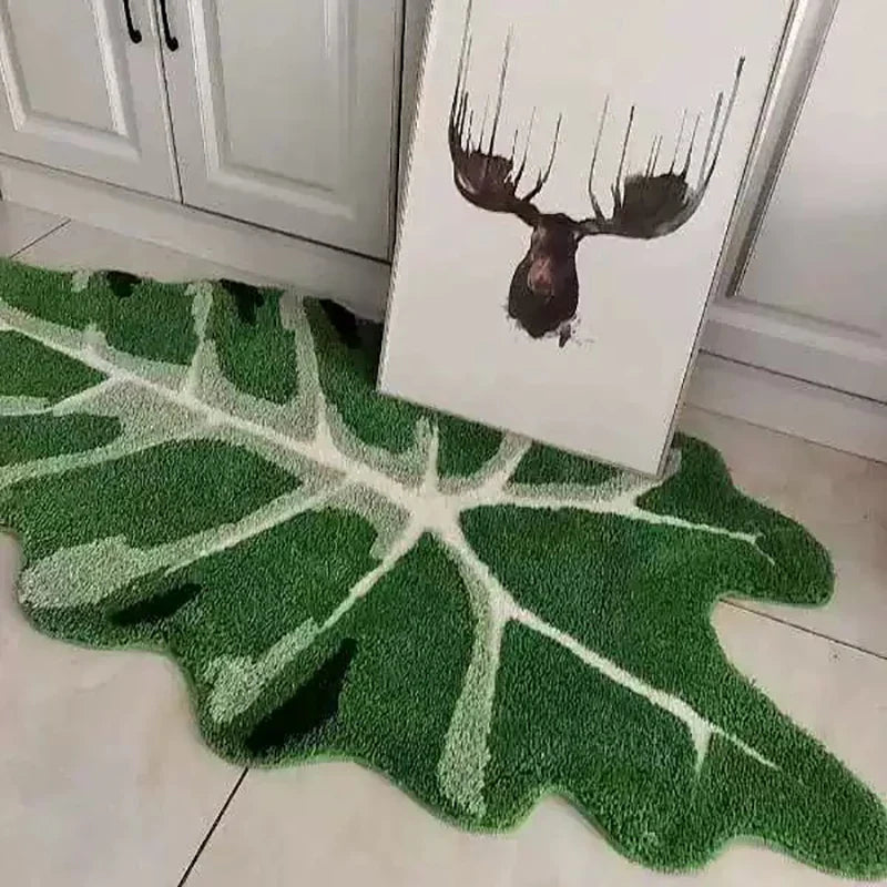 Rynx | Tufting Greenleaf Bedroom Rug Soft Fluffy Bed Mat Area Rug Floor Organization Cushion Plant Doormat Aesthetic Home Kids Room Decor