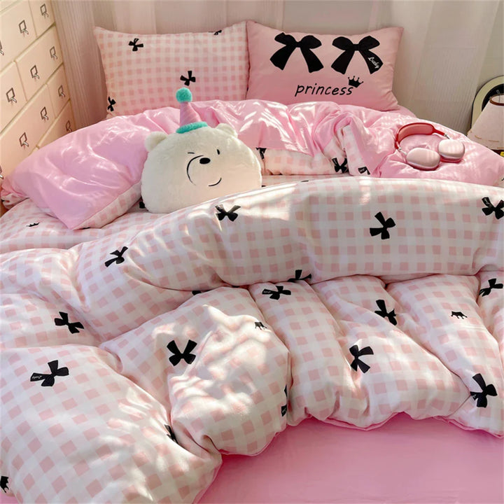 Lisslune | INS Prinzessin Schleifen Bettwäsche Set Rosa Bettbezug Bettdeckenbezug Mädchen Bettwäsche Gewaschenes Baumwollbettzeug Weich Einzel Doppel
