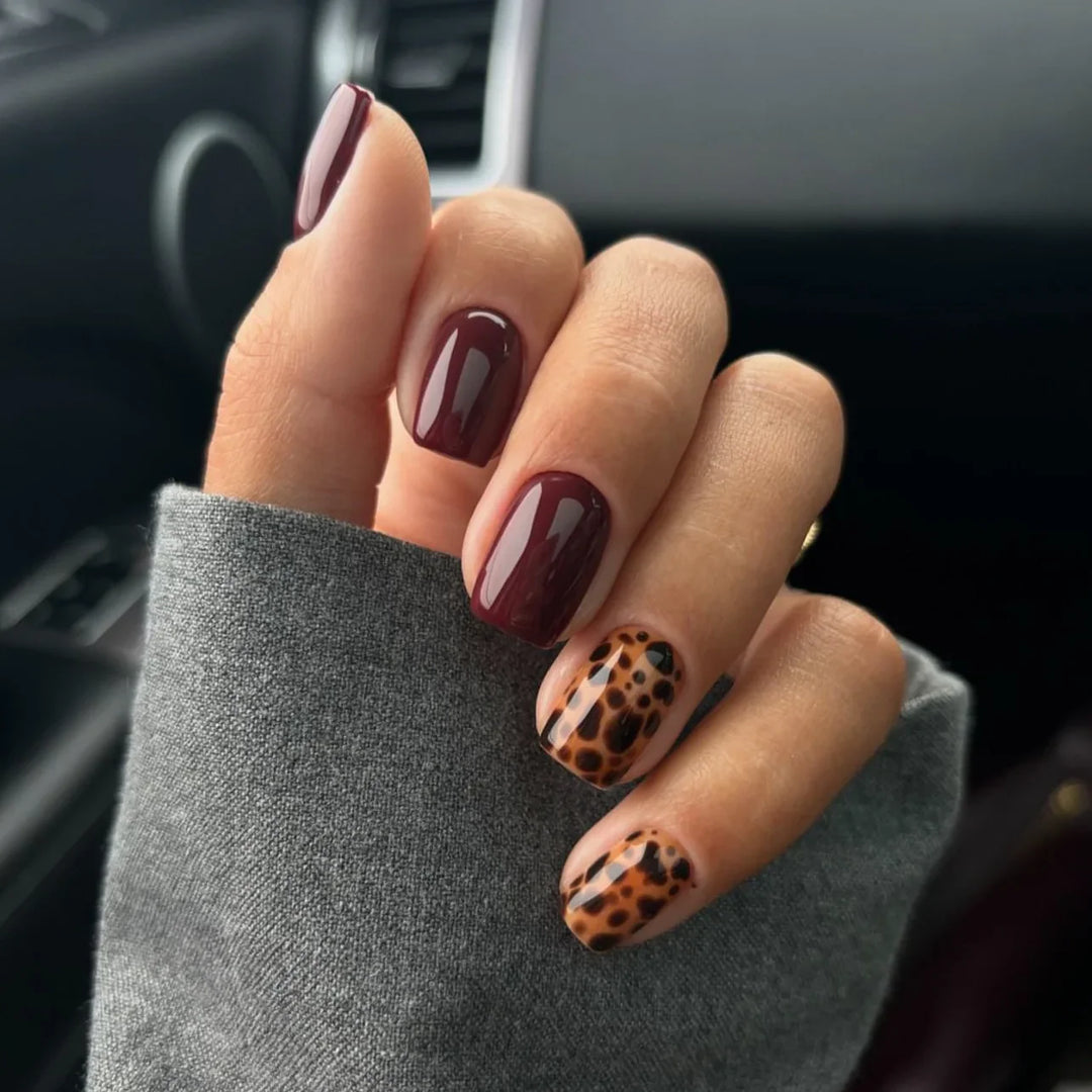 Rynx | Brown Leopard Gradient French Nail Art Red Bow Pearls False Nails Removable Ready-Made False Nails To Stick With Glue